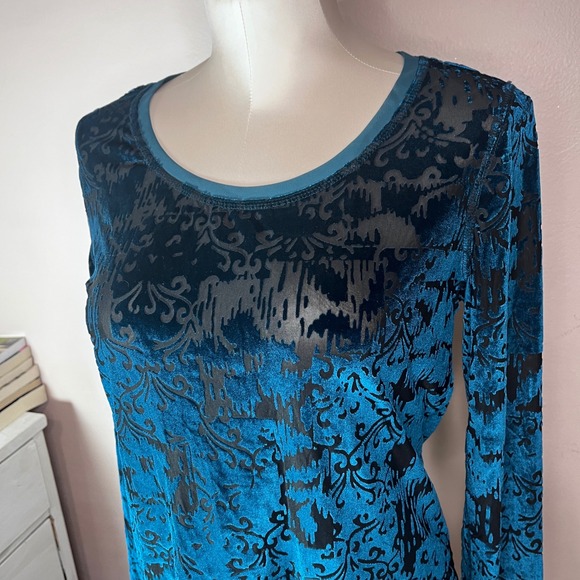 Simply Vera Vera Wang Teal Velvet Burnout Floral Long Sleeve Top Women's Medium - Picture 4 of 13